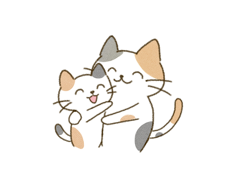 抱き合う三毛猫の親子 ねこ,三毛猫,親子,仲良し,抱き合う,笑顔,幸せ,ニコニコ,嬉しい,クレヨンのイラスト素材