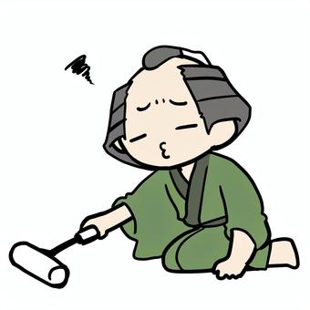 コロコロをかける不満の町民 町民,コロコロ,掃除,不満,いやいや,不本意,やりたくない,義務,役割,趣味のイラスト素材