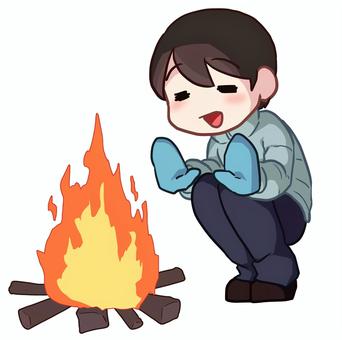 焚火で温まる男性 人物,生活,全身,男性,焚火,温まる,かがむ,手袋,ダウンジャケット,秋のイラスト素材