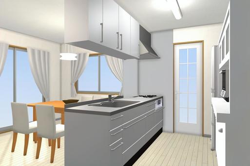 システムキッチンとダイニング　CGパース インテリア,キッチン,背景用イラスト,パース,ldk,i型キッチン,ダイニング,リビング,テーブル,勝手口のイラスト素材