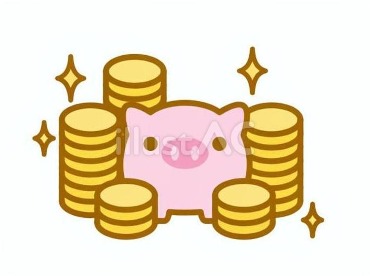 ぶたの貯金箱と大量のお金の山 豚,貯金箱,お金のイラスト素材