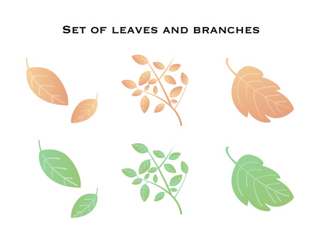 シンプルな葉っぱと枝のセット 葉っぱ,枝,葉,シンプル,グラデーション,オレンジ,緑,秋,新緑,エコのイラスト素材