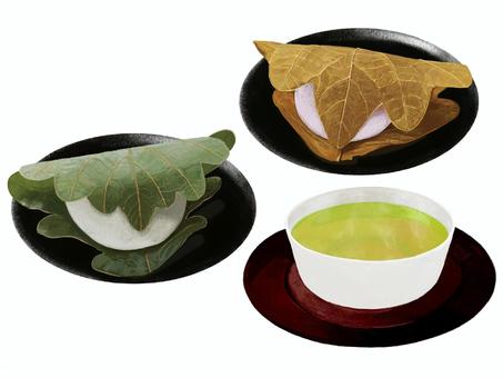 Kashiwa mochi (with tea), tea, japanese tea, kashiwa mochi, JPG and PNG