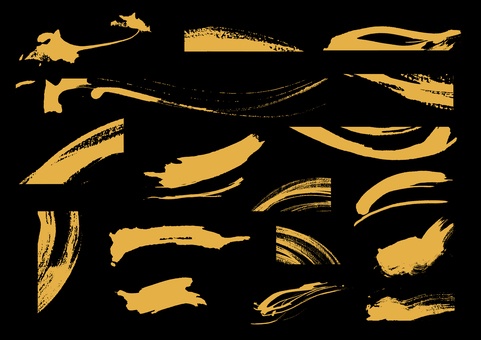 筆タッチのいろいろな形の素材  筆タッチ,筆線,波線,曲線,かすれ,オレンジ色,黒,手描き,勢い,和風のイラスト素材