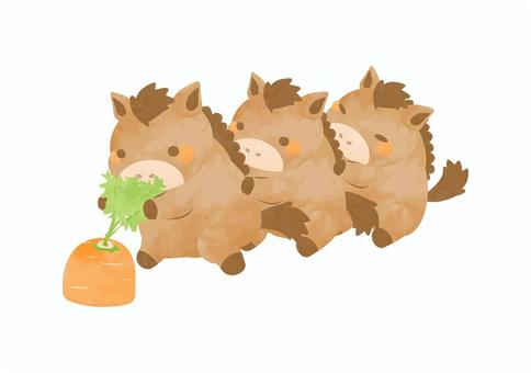頑張ってにんじんを抜く可愛いウマさんたち 馬,動物,にんじん,食べ物,野菜,抜く,引っ張る,収穫,かわいい,手描き風のイラスト素材