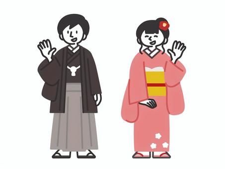 笑顔で手を振る着物姿の男女 人,正月,年賀状,挨拶,男性,女性,袴,晴れ着,着物,謹賀新年のイラスト素材