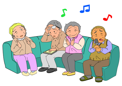 老人カラオケイラスト 老人,高齢者,男性,女性,カラオケ,楽しむのイラスト素材