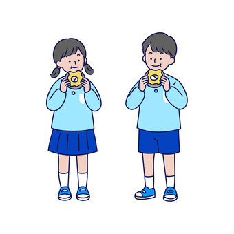 おやつを食べる園児のイラスト 人物,園児,ドーナツ,幼稚園,保育園,子ども,男の子,女の子,おやつ,食べるのイラスト素材