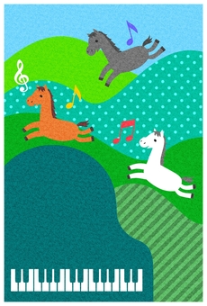 馬とピアノ ピアノ,山,馬,走る,音楽,音符,ト音記号,緑,年賀状,午年のイラスト素材