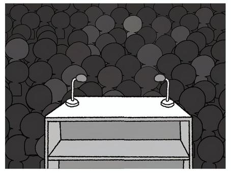 登場を待つ観客 観客,待つ,演説,シルエット,暗闇,机,大勢,マイク,手描き,素材のイラスト素材