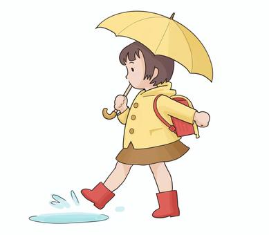 黄色い傘の小学生 小学生,傘,雨,ランドセル,長ぐつ,梅雨,黄色,赤,歩く,女の子のイラスト素材