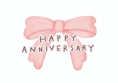 記念日 お祝いカード 手描きリボン happy,anniversary,リボン,カード,ギフト,ふんわり,手描き,ピンク,水彩,インクのイラスト素材