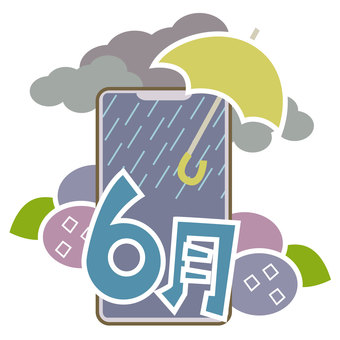 六月のスマートフォン スマホ,スマートフォン,六月,季節,カレンダー,傘,梅雨,夏,アジサイ,雨雲のイラスト素材