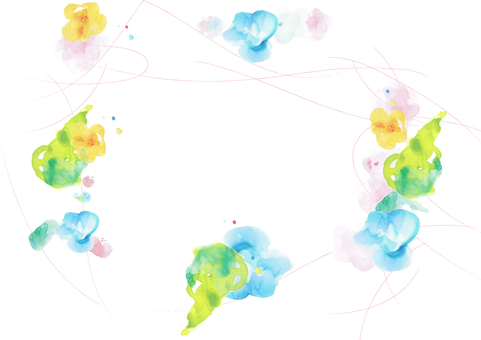水彩画植物。ピンク・青・黄の花と緑の葉 水彩,手描き,花,ピンク,青,黄,緑の葉,春のイラスト素材