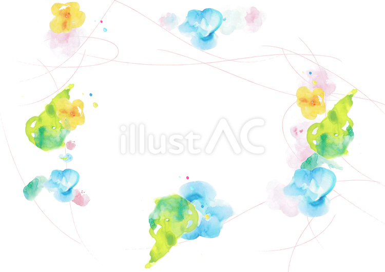 水彩画植物。ピンク・青・黄の花と緑の葉 水彩,手描き,花のイラスト素材