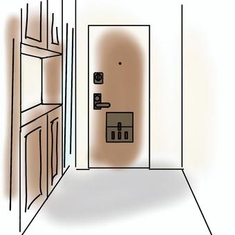 マンションの玄関 マンションの玄関 室内,玄関,下駄箱,二重ロック,鍵,ドアノブ,シューズボックス,姿見,たたき,入口のイラスト素材