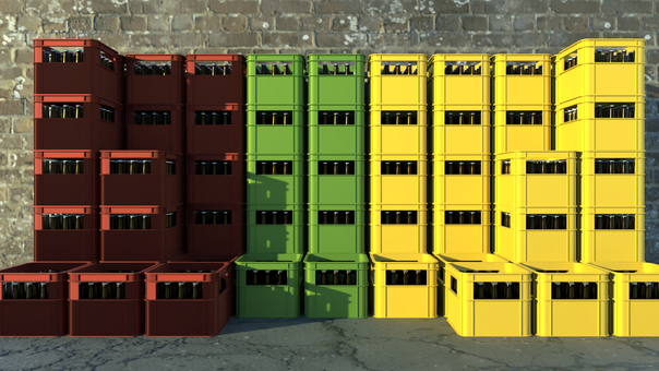 午後に積み上げられたケース ビールケース,ケース,ビール箱,入れ物,3d,cg,瓶ビール,赤色,壁,床のイラスト素材