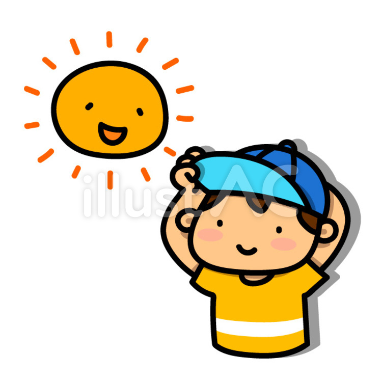 熱中症対策で帽子をかぶる男の子のイラスト 暑い,太陽,熱中症のイラスト素材