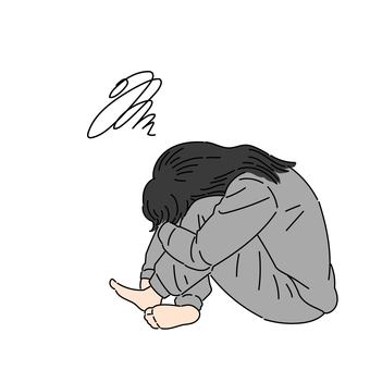不調でうずくまる女性 女性,全身,不調,体調不良,病気,低血圧,落ち込み,うずくまる,落ち込む,鬱のイラスト素材