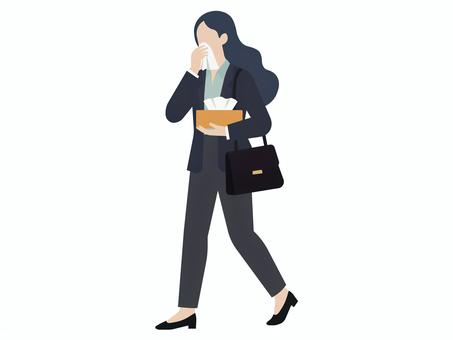 ボックスティッシュを抱えて通勤する女性 ティッシュ,アレルギー,ボックスティッシュ,箱ティッシュ,抱える,女性,通勤,ビジネスウーマン,通勤中,オフィススタイルのイラスト素材