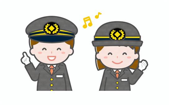 ミニ_2人_運転士の男女01 ミニ_2人_運転士の男女01 男性,女性,大人,職業,仕事,運転士,駅員,鉄道,電車,車掌のイラスト素材