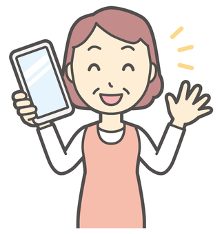 スマホを持って嬉しい顔のおばさん 嬉しい,女性,人,主婦,中年,シニア,エプロン,ママ,お母さん,おかんのイラスト素材