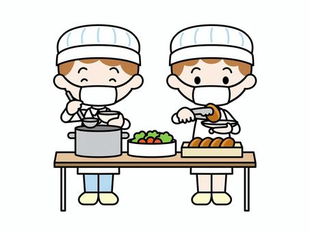 男の子と女の子給食配膳 子ども,男の子,女の子,小学生,幼稚園,学校,ポーズ,正面,全身,給食当番のイラスト素材