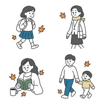 秋の日常を楽しむ人物セット 秋,落ち葉,日常,散歩,読書,家族,子ども,親子,通学,女性のイラスト素材