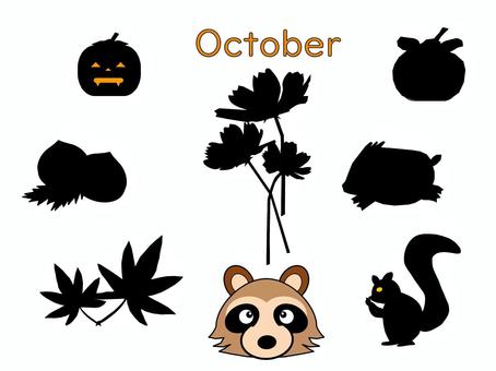 10月の素材集　シルエット 10月,秋,ハロウィン,カボチャ,ジャック・オ・ランタン,栗,紅葉,コスモス,柿,イノシシのイラスト素材