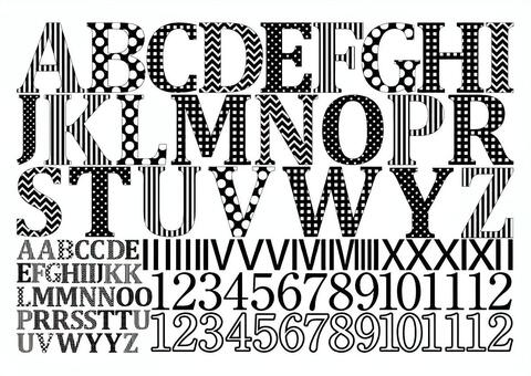 モノクロ柄のアルファベットと数字 アルファベット,英字,文字,フォント,タイポグラフィ,レタリング,数字,ナンバー,abc,大文字のイラスト素材
