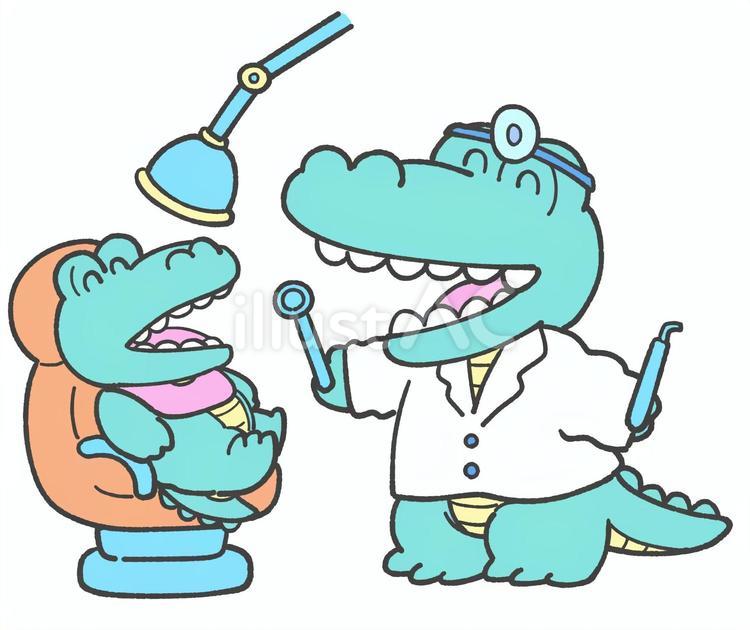 ワニの歯医者さんの手描きイラスト2 歯医者,歯科,ワニのイラスト素材