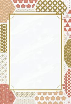 年賀状 亀甲配置の和柄デザイン  縦書き ハガキ,亀甲,赤,黄色,オレンジ,冬,年賀状,新年,謹賀新年,梅のイラスト素材