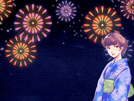 浴衣を着た女性と花火の壁紙  花火,花火大会,打ち上げ花火,フレーム,祭,夜,お祭り,夏祭り,祭り,イベントのイラスト素材