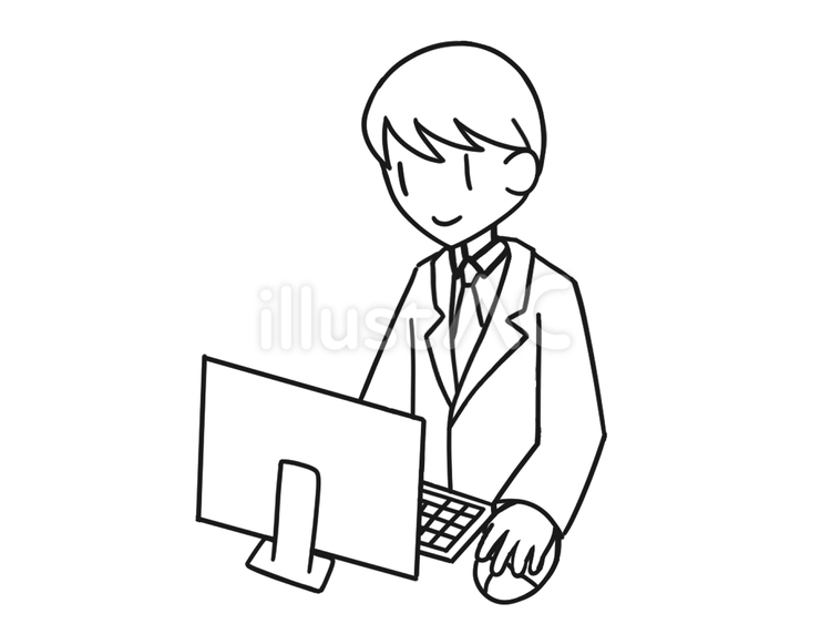 パソコン　男性　仕事　線画　イラスト 人物,男性,仕事のイラスト素材