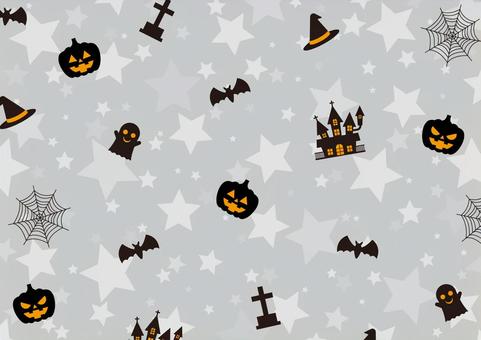 モノトーンのポップなハロウィンの背景素材 ハロウィン,秋,かぼちゃ,洋館,お化け,蝙蝠,蜘蛛の巣,お墓,帽子,星のイラスト素材