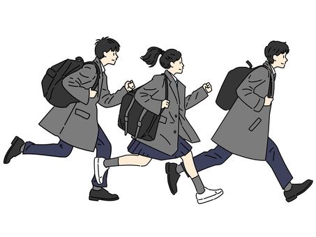 走るコートを着た生徒たち 走るコートを着た生徒たち 男性,女性,複数人,全身,走る,コート,学生,制服,生徒,学生服のイラスト素材