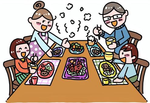 夕食中の家族 男女,ママ,パパ,子ども,女の子,男の子,娘,息子,家族,夕食のイラスト素材