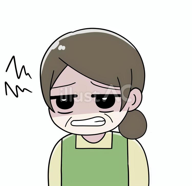 歯ぎしりをして睨むエプロン姿の中年女性 イライラ,ストレス,歯ぎしりのイラスト素材