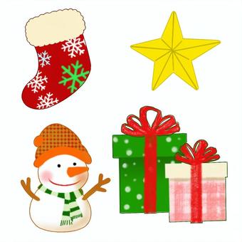４つのクリスマスオーナメント　３ オーナメント,飾り,クリスマス,雪だるま,靴下,星,スター,プレゼント,冬,教材のイラスト素材