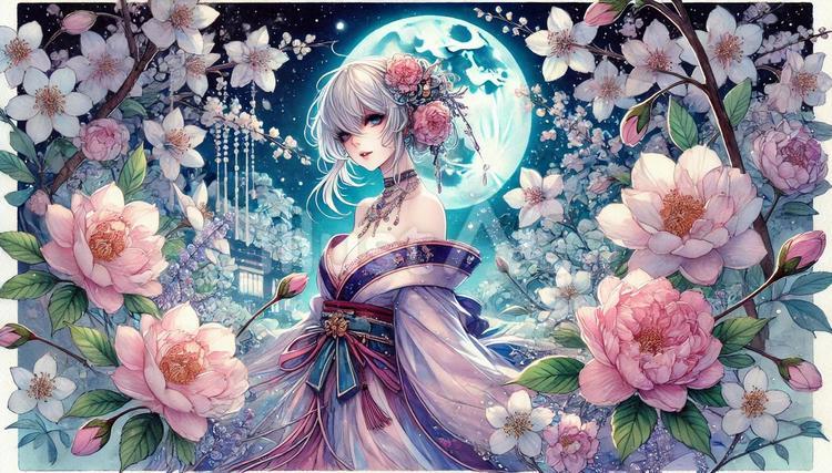 月下美人　 女性,アニメ,イラストのイラスト素材