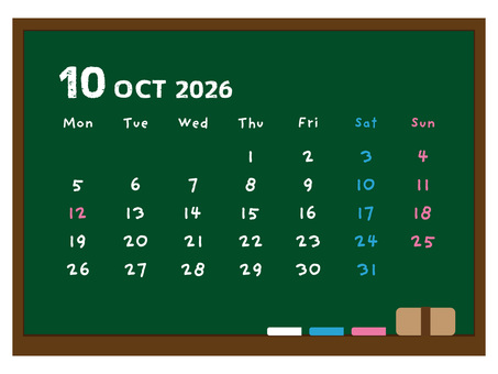 2026年10月のカレンダー黒板デザイン カレンダー,10月,2026,黒板,月間,月別,祝日,スポーツの日,秋,月曜始まりのイラスト素材