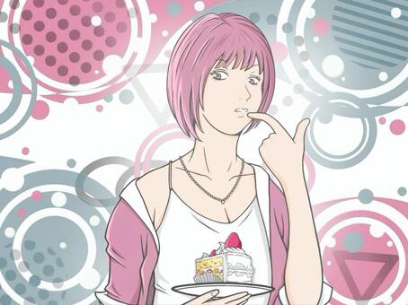 【ショートケーキ】可愛い女性のイラスト 女性,ショートケーキ,つまみ食い,萌え系,萌え,ケーキ,苺,お菓子,ショートヘア,アクセサリーのイラスト素材
