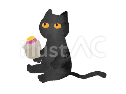 水彩風焼き芋を持った黒猫キャラクター