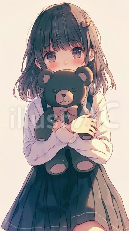 黒髪の少女と黒いテディベア 少女,黒髪,ロングヘアのイラスト素材