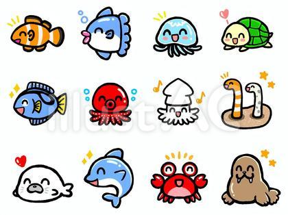 水族館にいる笑顔の生き物のアイコンセット