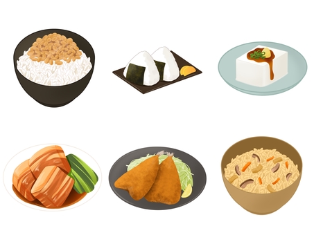 和食シリーズF 納豆ご飯,おにぎり,冷奴,豚の角煮,アジフライ,炊き込みご飯,揚げ物,煮物,和食,食べ物のイラスト素材