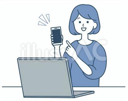 スマホとパソコンと女性、すっきりデザイン
