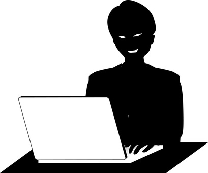 詐欺シルエット 詐欺,ハッカー,悪い,笑み,ノートパソコン,操作,男,シルエットのイラスト素材