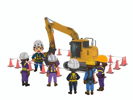 建設土木工事現場で安全教育する現場代理人 作業員,現場代理人,現場監督,バックホウ,建設業,土木,建築,工事,建設,現場のイラスト素材