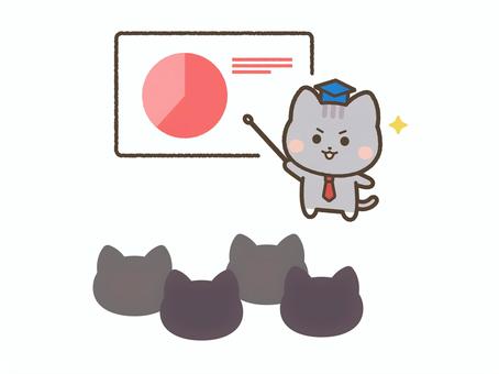 グラフで説明するねこ先生（サバトラ） 猫,ねこ,ネコ,動物,ペット,塾,グラフ,円グラフ,発表,提案のイラスト素材